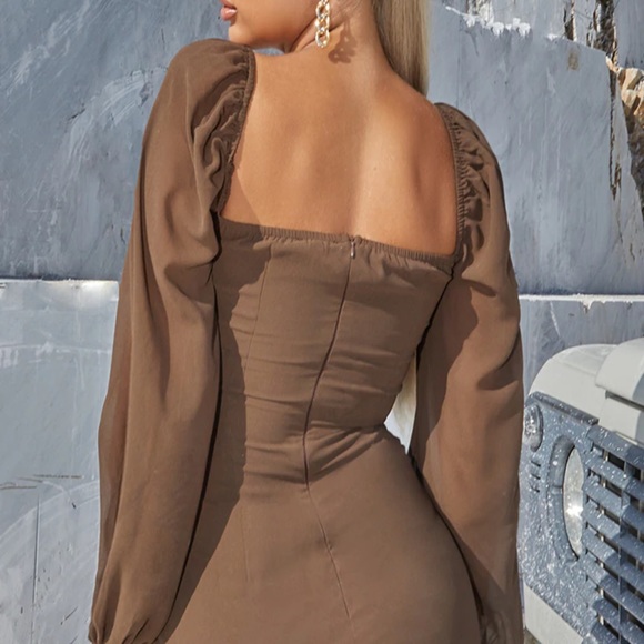 Taupe Chiffon Long Sleeve Ruched Skirt Bodycon Dress - Picture 3 of 5